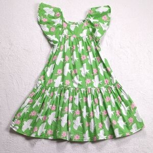 Deux par Deux Printed Dress With Flounce Sleeves With White And Pink Birds